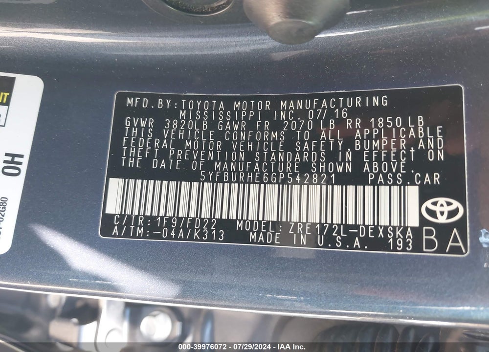 2016 TOYOTA COROLLA S PLUS VIN: 5YFBURHE6GP542821