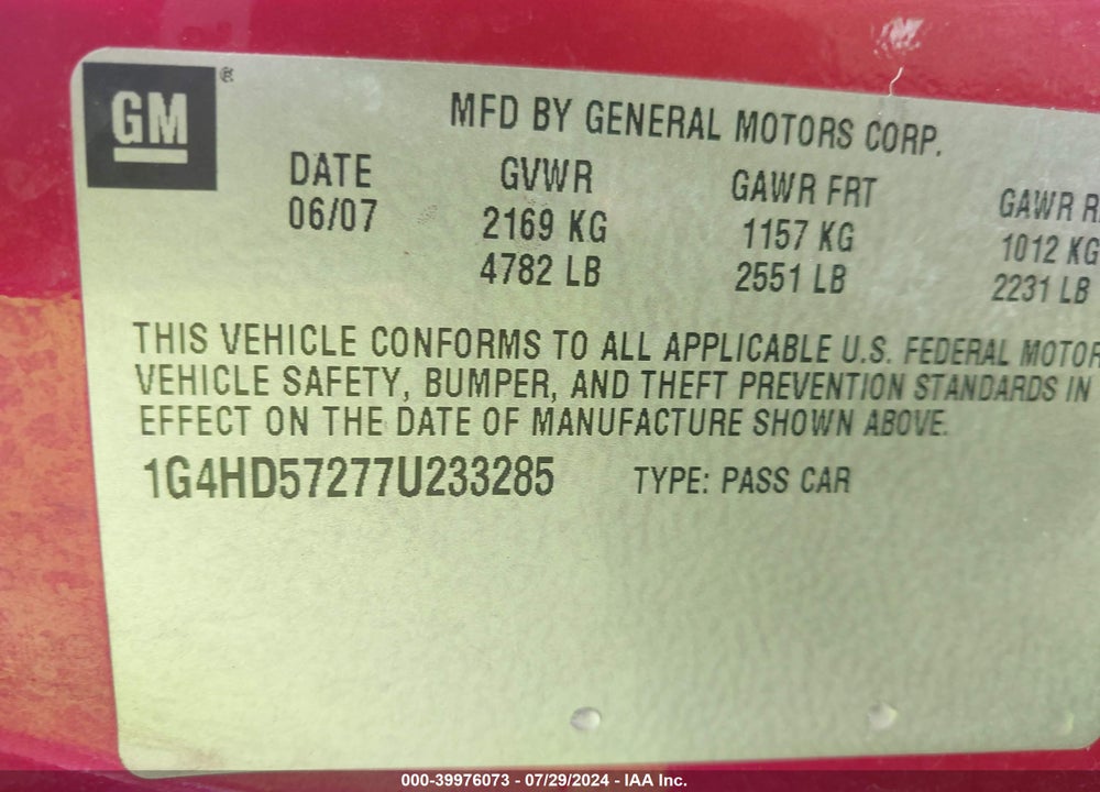 2007 BUICK LUCERNE CXL VIN: 1G4HD57277U233285