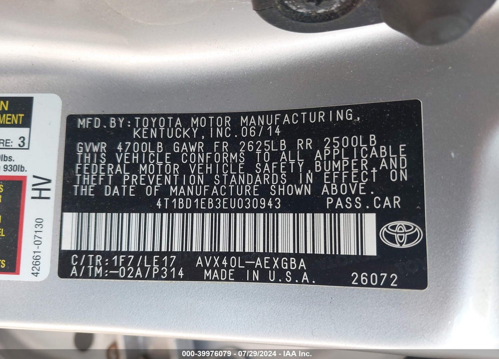 2014 TOYOTA AVALON HYBRID XLE TOURING VIN: 4T1BD1EB3EU030943