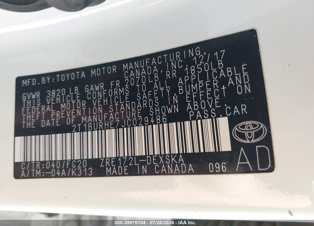 2018 TOYOTA COROLLA SE VIN: 2T1BURHE7JC029486