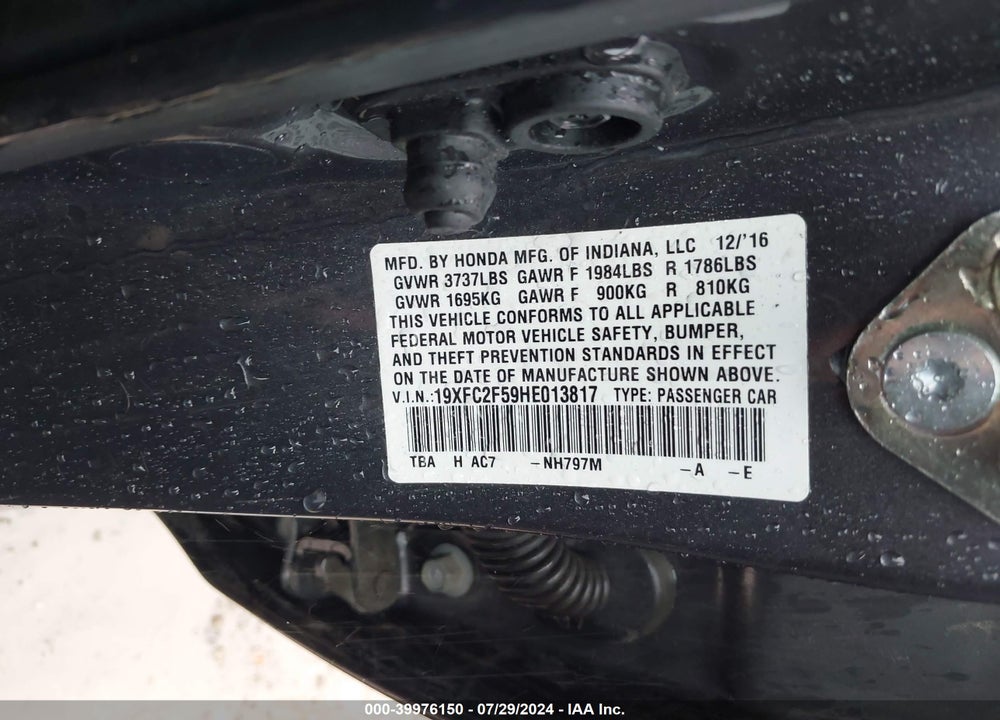 2017 HONDA CIVIC LX VIN: 19XFC2F59HE013817