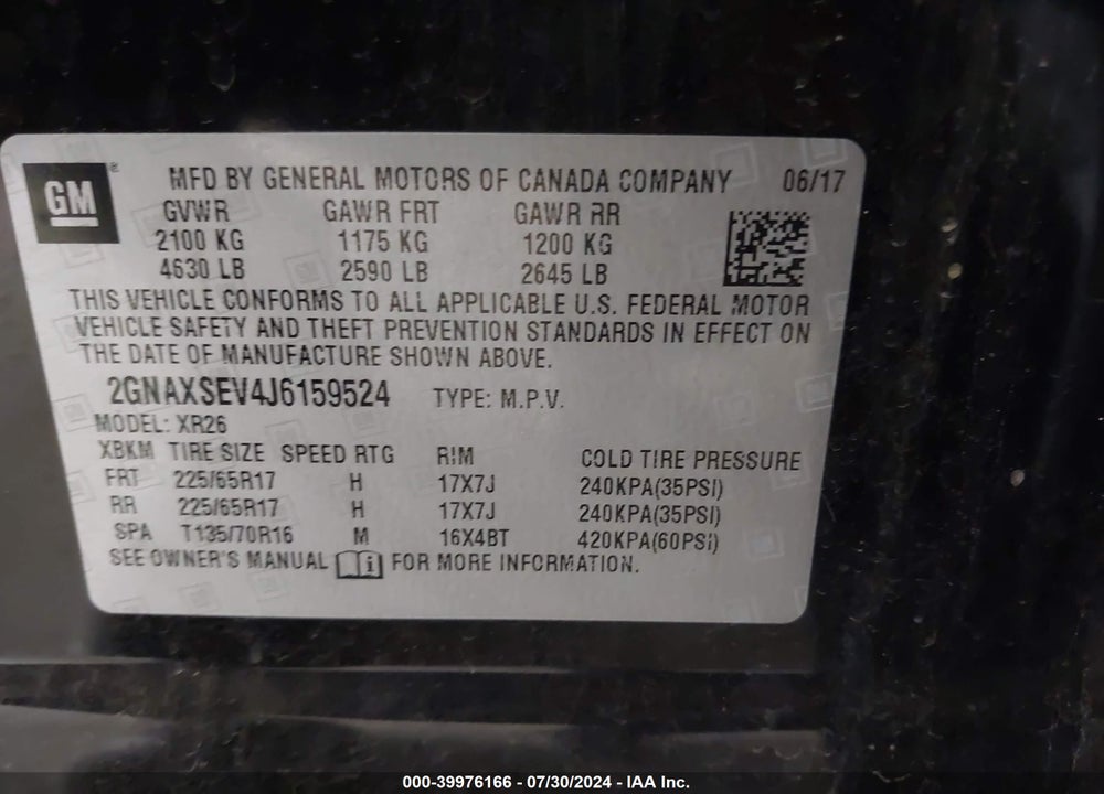 2018 CHEVROLET EQUINOX LT VIN: 2GNAXSEV4J6159524