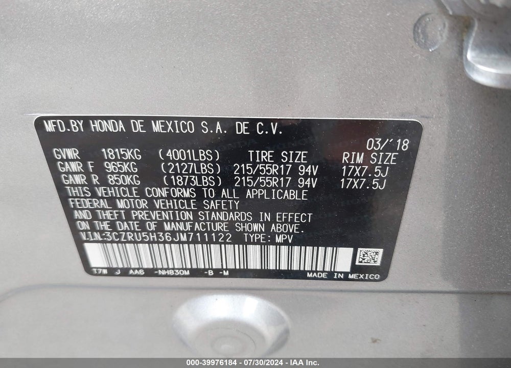 2018 HONDA HR-V LX VIN: 3CZRU5H36JM711122