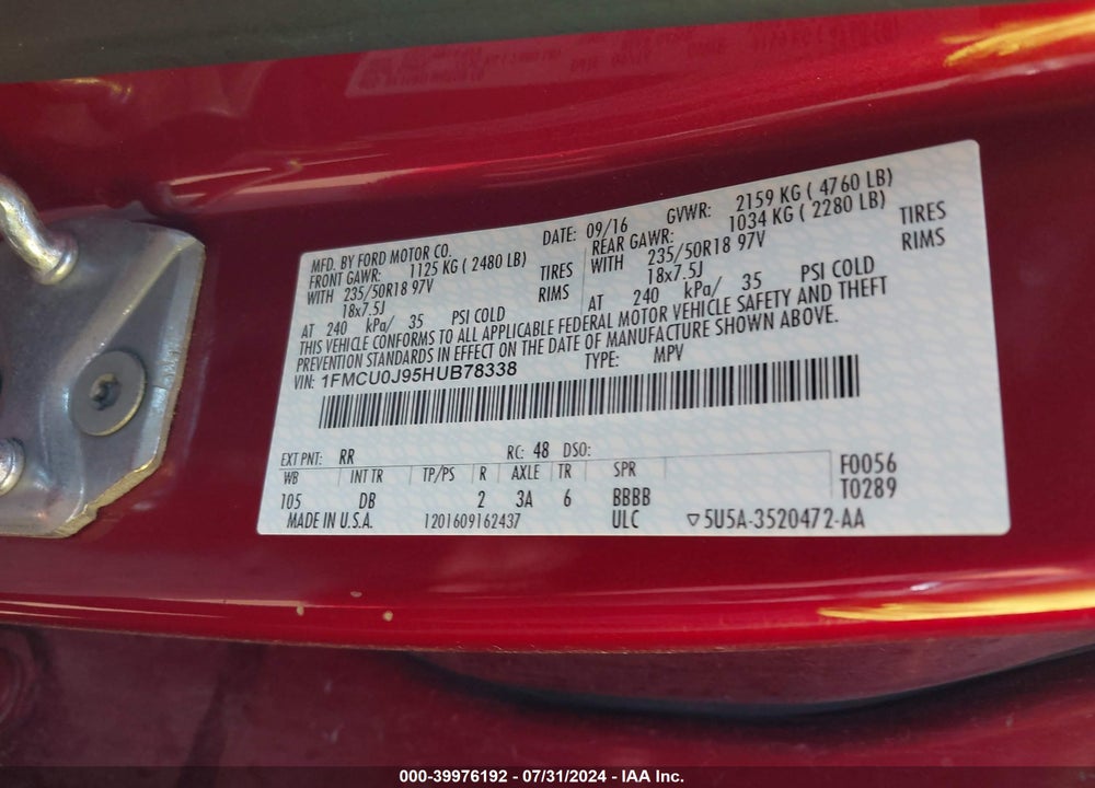 2017 FORD ESCAPE TITANIUM VIN: 1FMCU0J95HUB78338