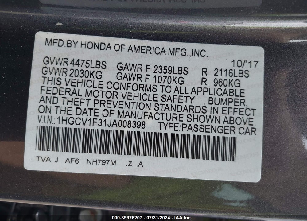2018 HONDA ACCORD VIN: 1HGCV1F31JA008398
