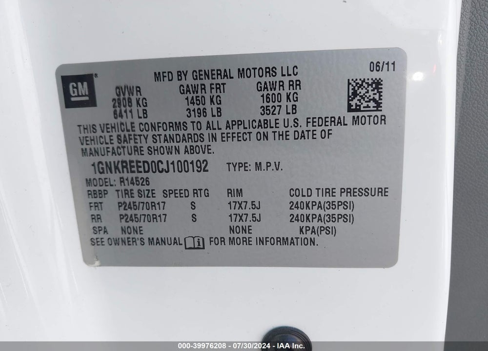 2012 CHEVROLET TRAVERSE VIN: 1GNKREED0CJ100192