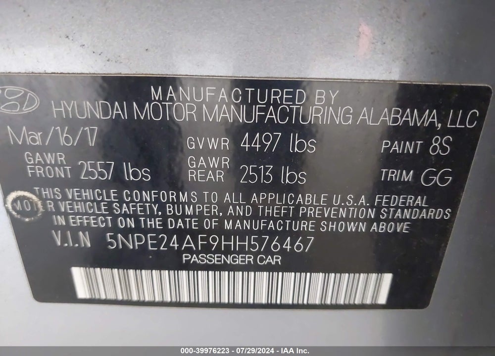 2017 HYUNDAI SONATA VIN: 5NPE24AF9HH576467