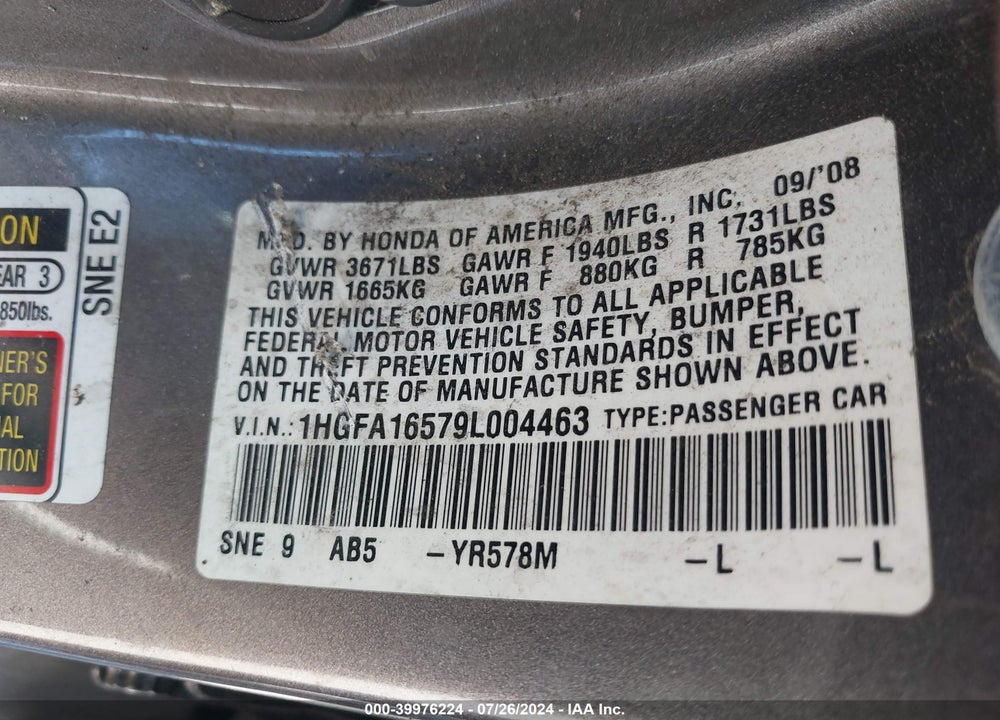 2009 HONDA CIVIC LX VIN: 1HGFA16579L004463