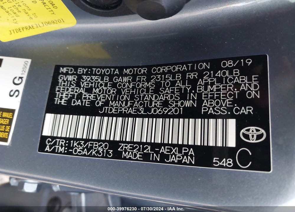 2020 TOYOTA COROLLA VIN: JTDEPRAE3LJ069201