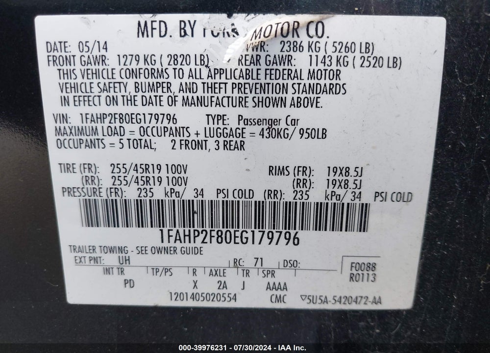 2014 FORD TAURUS LIMITED VIN: 1FAHP2F80EG179796
