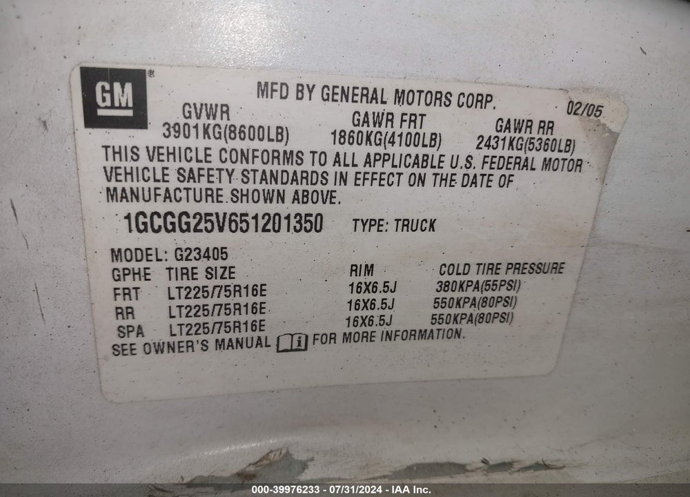 2005 CHEVROLET EXPRESS VIN: 1GCGG25V651201350