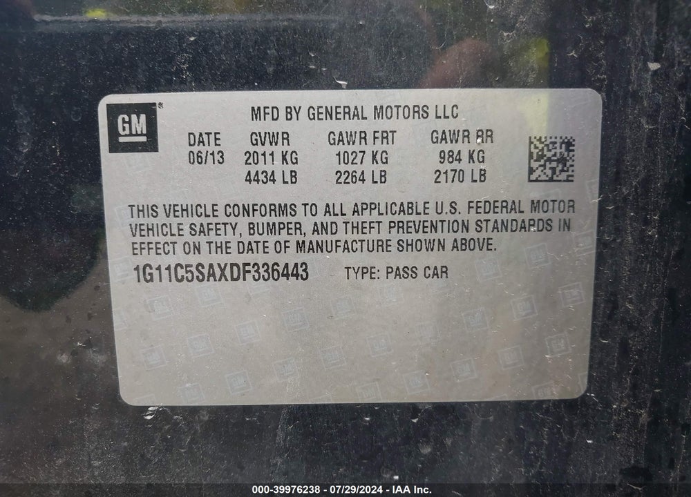 2013 CHEVROLET MALIBU 1LT VIN: 1G11C5SAXDF336443