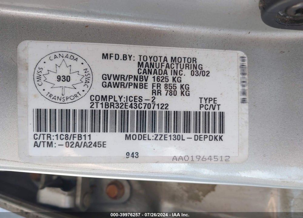 2003 TOYOTA COROLLA CE/LE/SPORT VIN: 2T1BR32E43C707122
