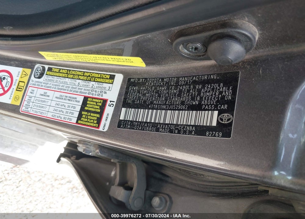 2018 TOYOTA CAMRY VIN: 4T1B11HK3JU529062
