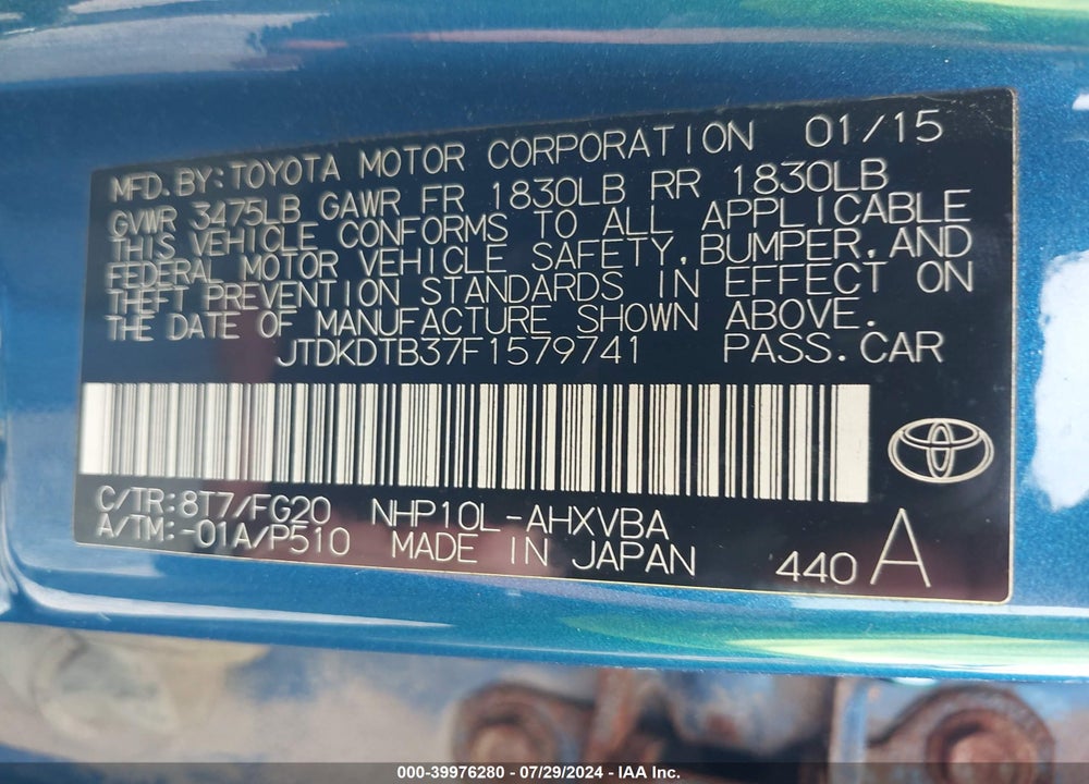 2015 TOYOTA PRIUS C FOUR/ONE/THREE/TWO VIN: JTDKDTB37F1579741