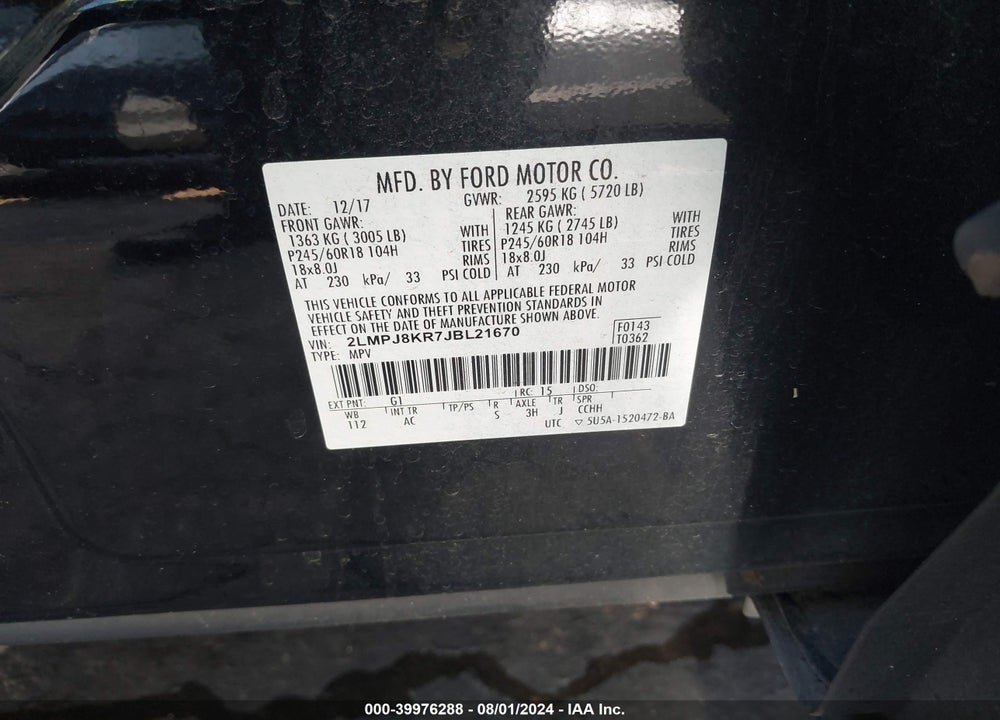 2018 LINCOLN MKX SELECT VIN: 2LMPJ8KR7JBL21670