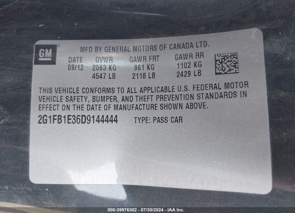 2013 CHEVROLET CAMARO 1LT VIN: 2G1FB1E36D9144444