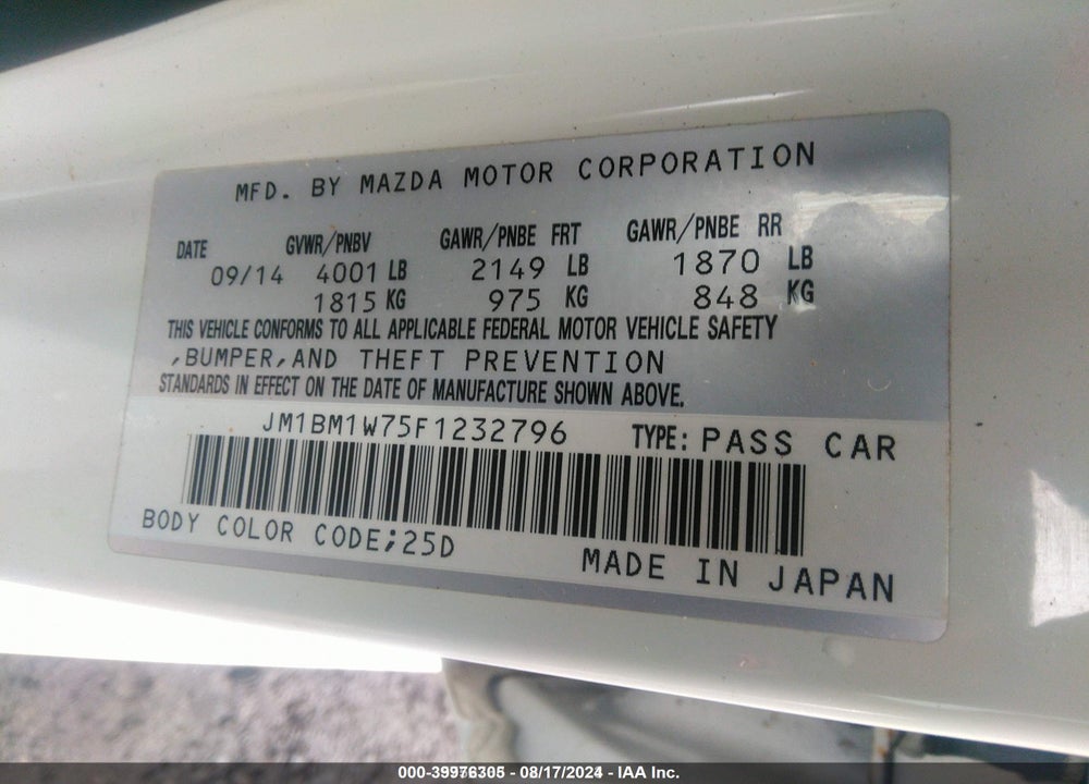 2015 MAZDA 3 VIN: JM1BM1W75F1232796