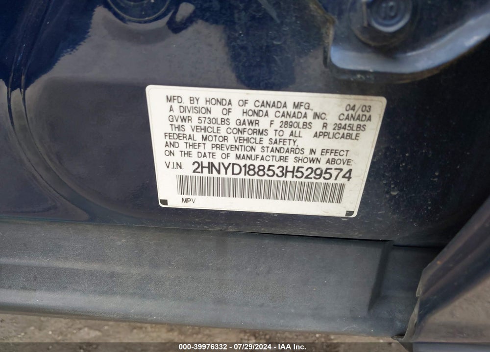 2003 ACURA MDX TOURING VIN: 2HNYD18853H529574