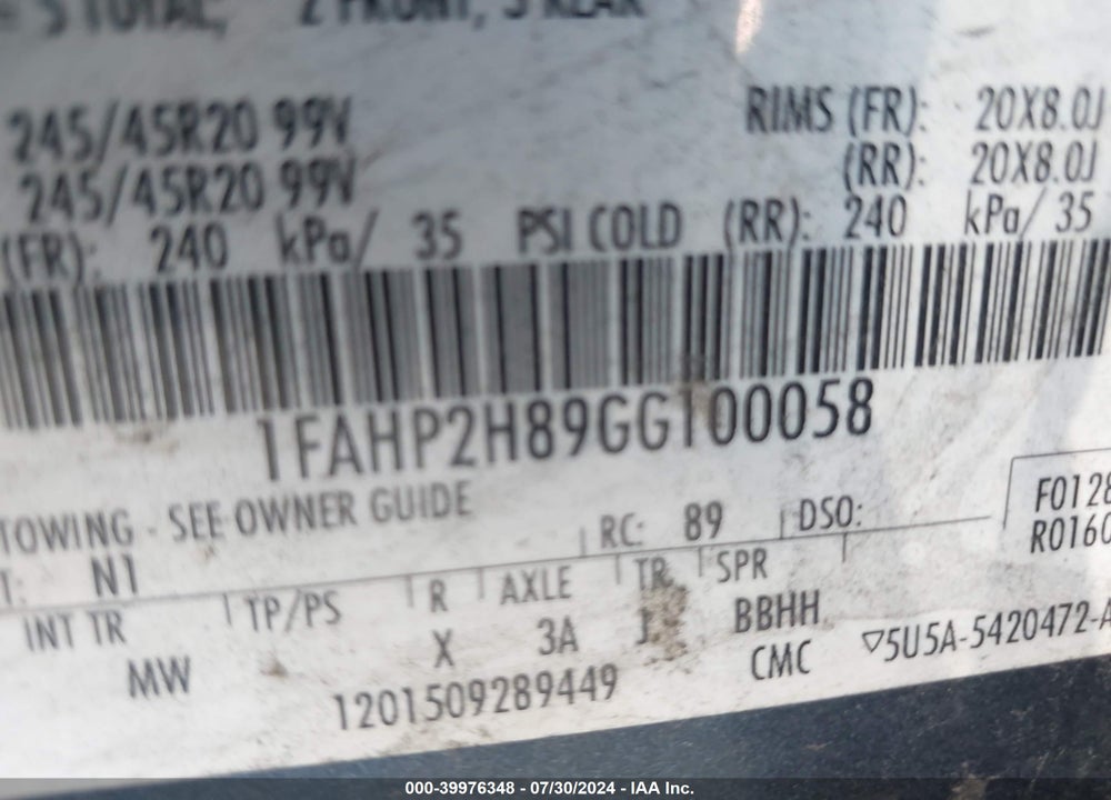 2016 FORD TAURUS SEL VIN: 1FAHP2H89GG100058