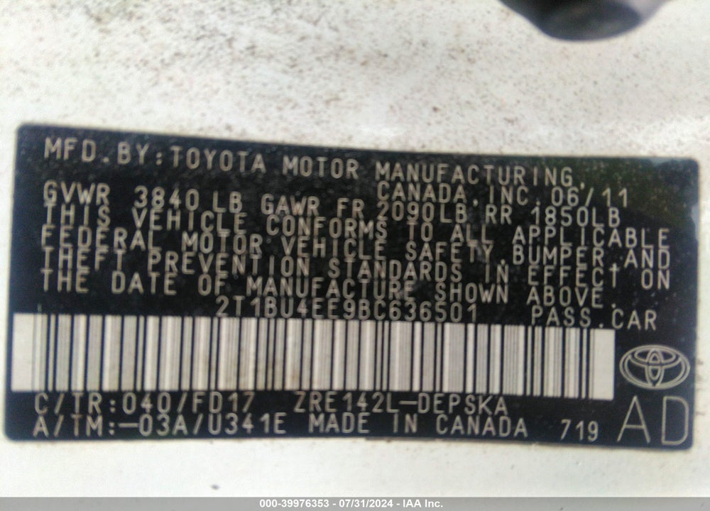 2011 TOYOTA COROLLA S VIN: 2T1BU4EE9BC636501