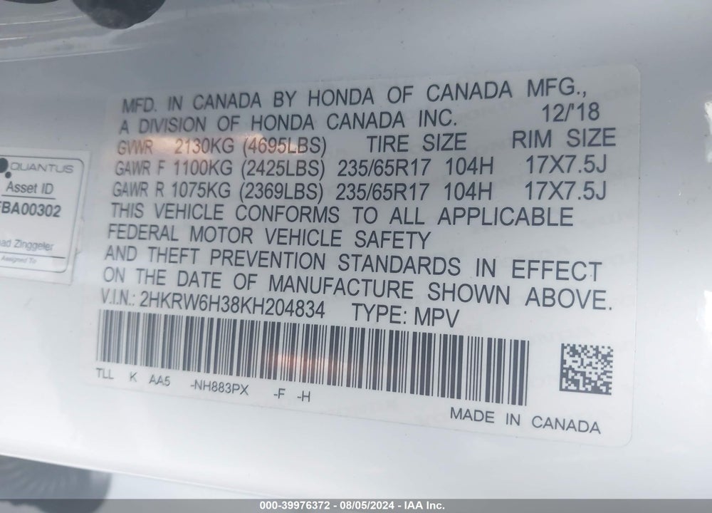2019 HONDA CR-V LX VIN: 2HKRW6H38KH204834