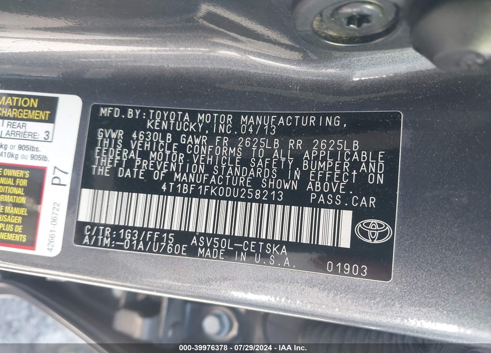 2013 TOYOTA CAMRY SE VIN: 4T1BF1FK0DU258213