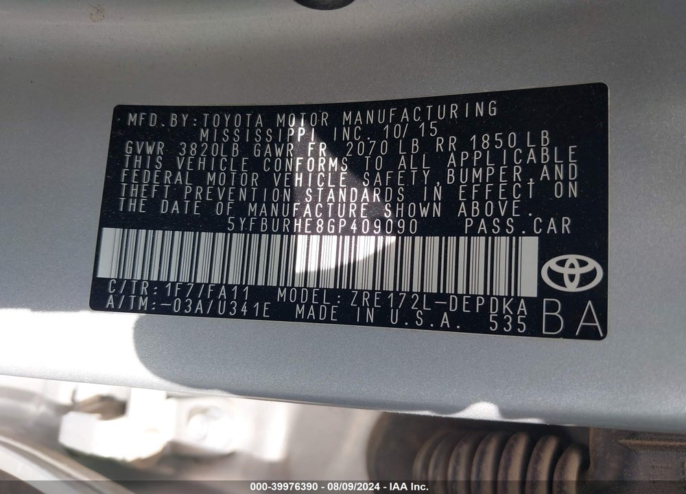 2016 TOYOTA COROLLA VIN: 5YFBURHE8GP409090