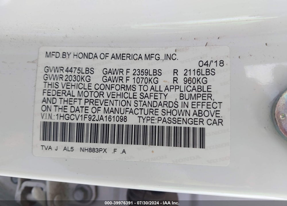 2018 HONDA ACCORD TOURING VIN: 1HGCV1F92JA161098