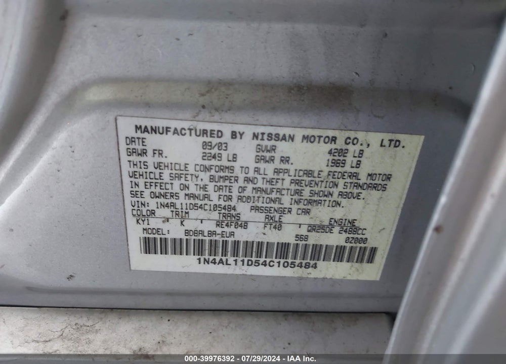 2004 NISSAN ALTIMA 2.5 S VIN: 1N4AL11D54C105484