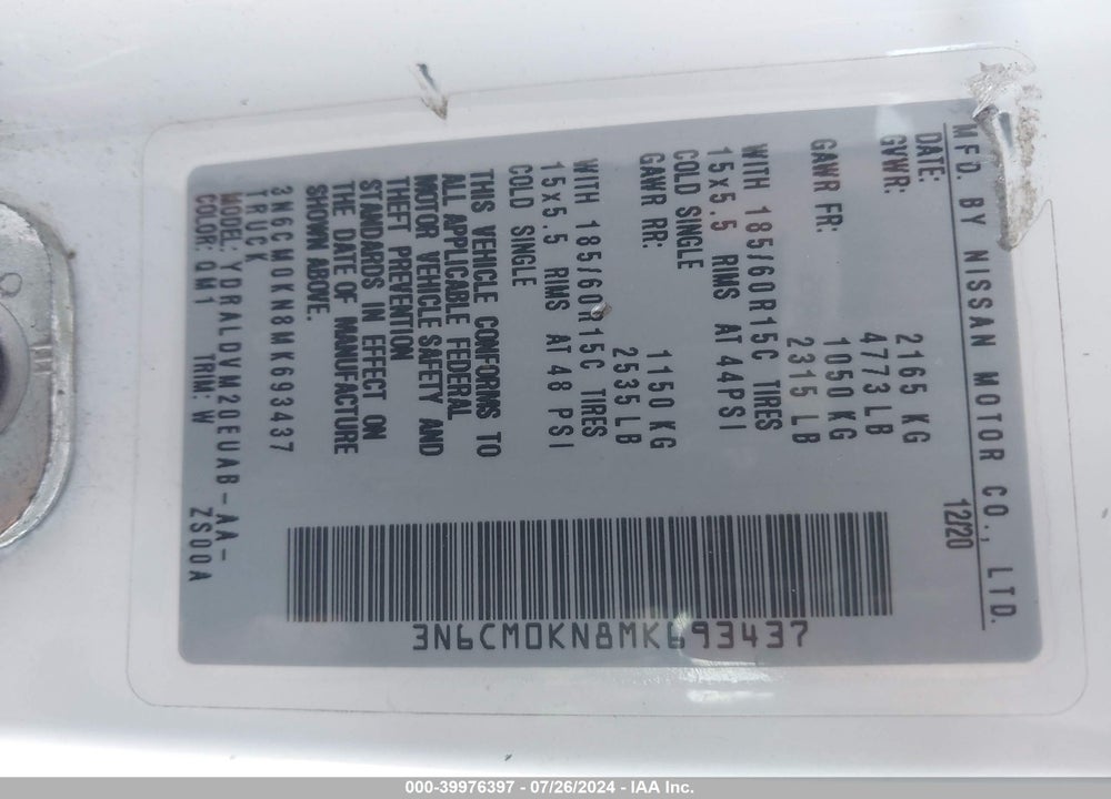 2021 NISSAN NV200 COMPACT CARGO S XTRONIC CVT VIN: 3N6CM0KN8MK693437