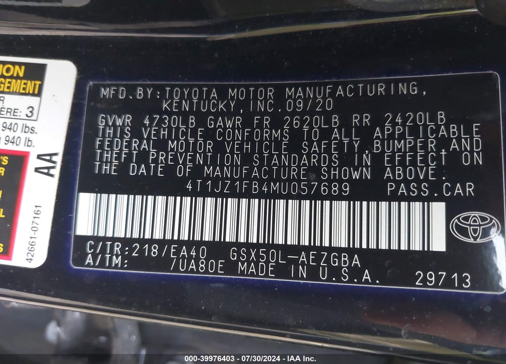 2021 TOYOTA AVALON XLE VIN: 4T1JZ1FB4MU057689