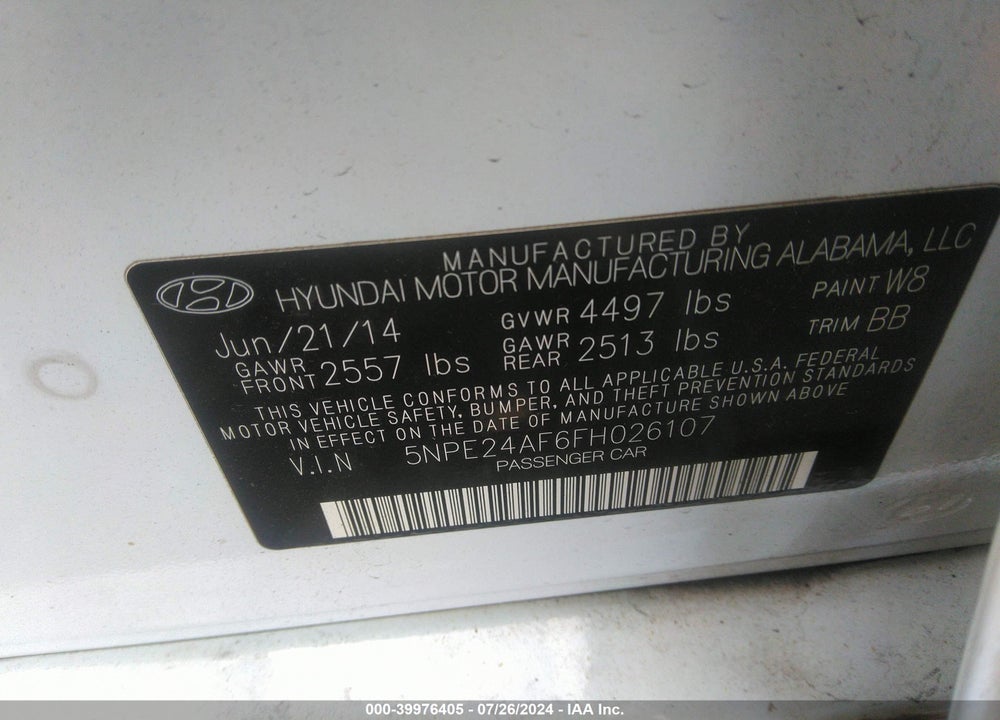 2015 HYUNDAI SONATA SE VIN: 5NPE24AF6FH026107