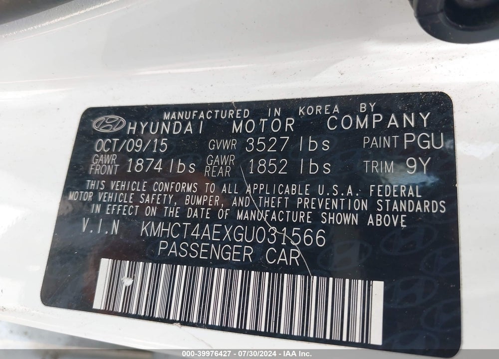 2016 HYUNDAI ACCENT SE VIN: KMHCT4AEXGU031566