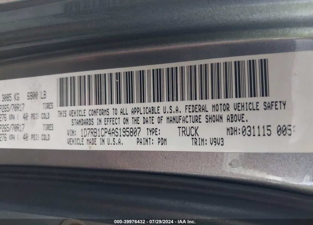2010 DODGE RAM 1500 ST VIN: 1D7RB1CP4AS195807