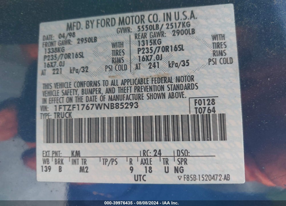 1998 FORD F-150 LARIAT/STANDARD/XL/XLT VIN: 1FTZF1767WNB85293
