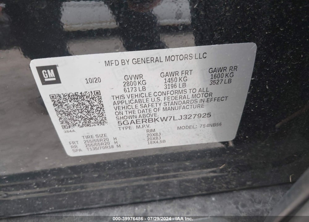 2020 BUICK ENCLAVE FWD ESSENCE VIN: 5GAERBKW7LJ327925