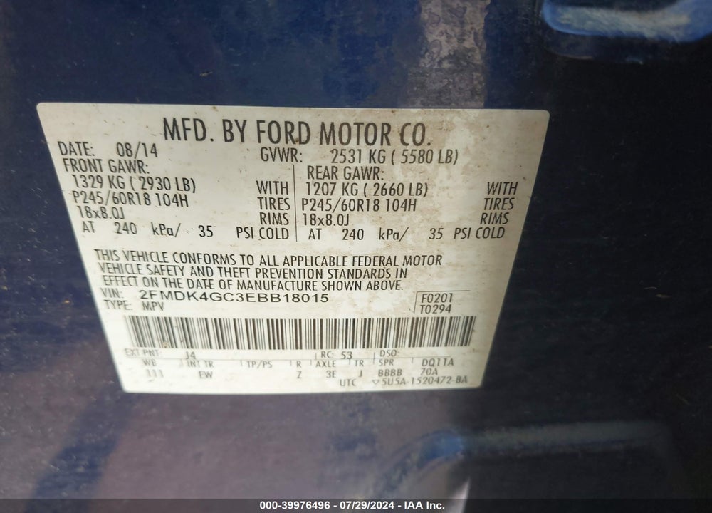 2014 FORD EDGE SE VIN: 2FMDK4GC3EBB18015