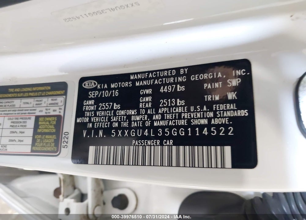 2016 KIA OPTIMA EX VIN: 5XXGU4L35GG114522
