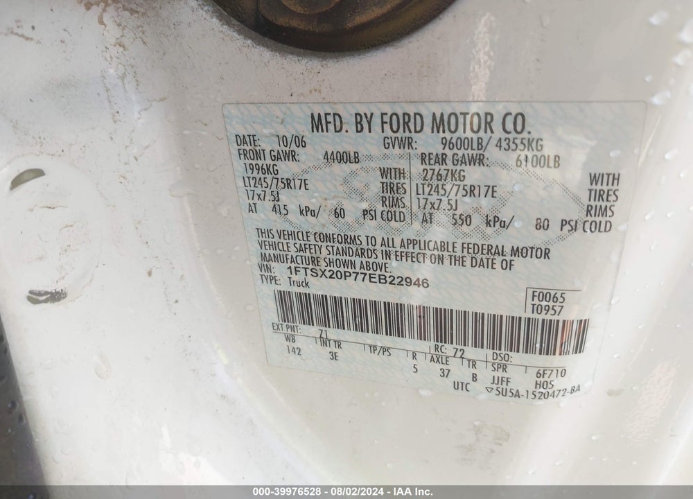 2007 FORD F-250 LARIAT/XL/XLT VIN: 1FTSX20P77EB22946