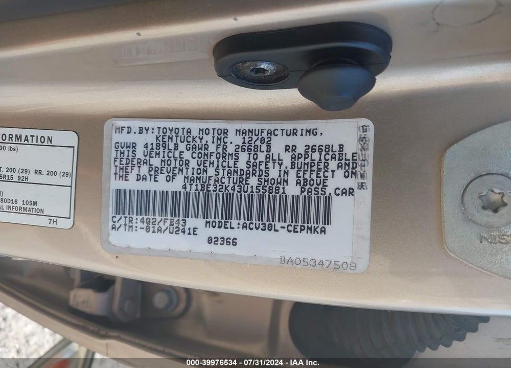 2003 TOYOTA CAMRY LE VIN: 4T1BE32K43U155881
