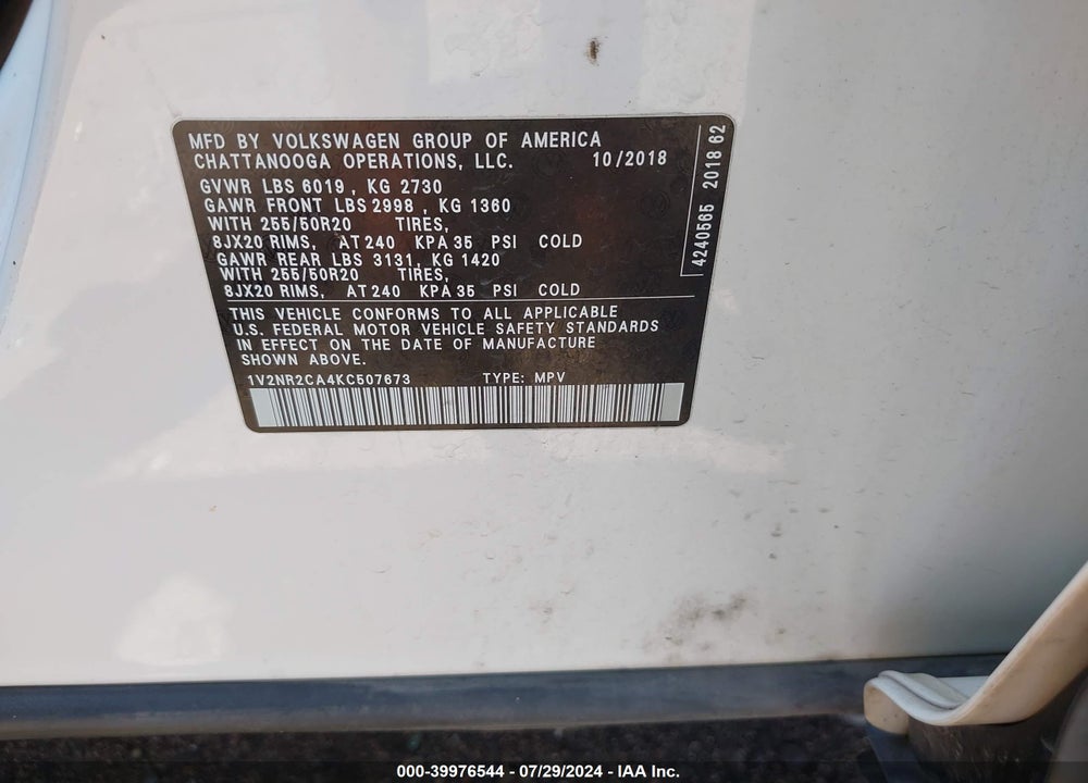 2019 VOLKSWAGEN ATLAS 3.6L V6 SEL PREMIUM VIN: 1V2NR2CA4KC507673