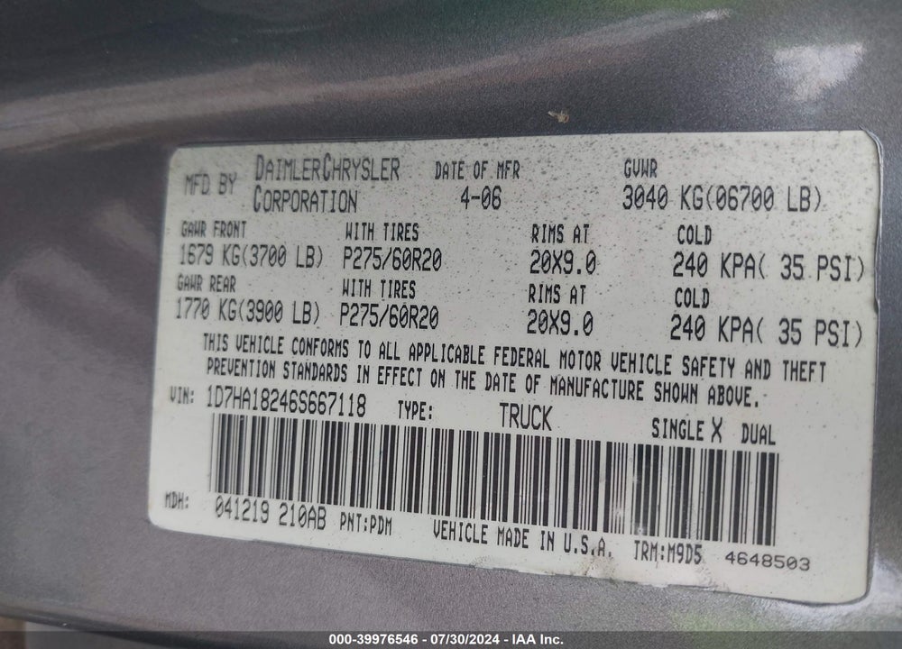 2006 DODGE RAM 1500 VIN: 1D7HA18246S667118