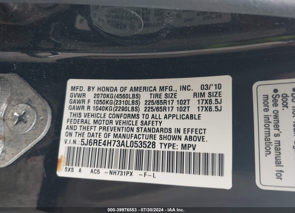 2010 HONDA CR-V EX-L VIN: 5J6RE4H73AL053528
