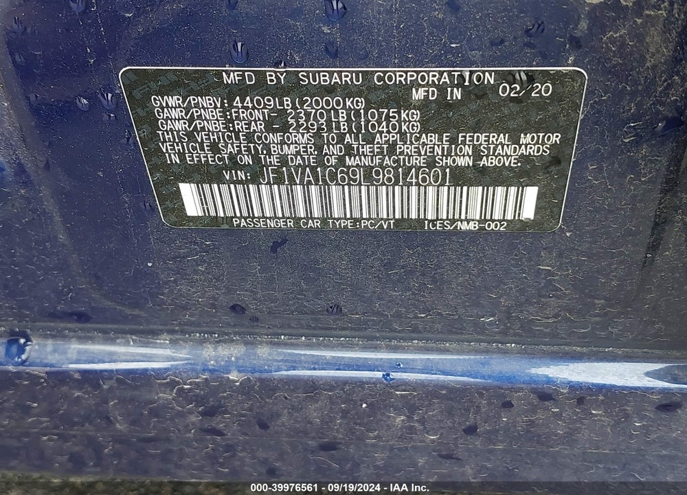 2020 SUBARU WRX PREMIUM VIN: JF1VA1C69L9814601