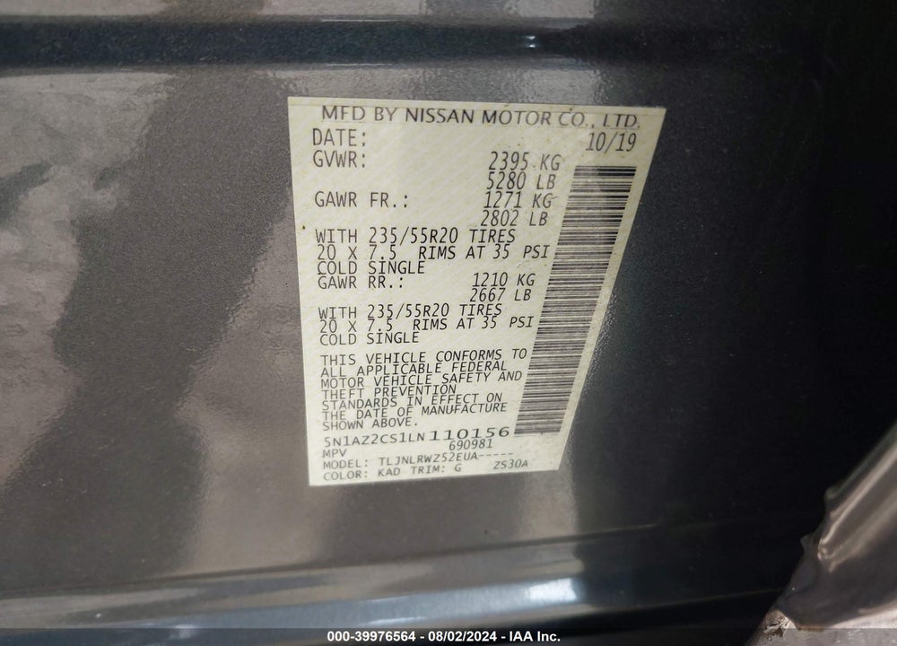 2020 NISSAN MURANO SL INTELLIGENT AWD VIN: 5N1AZ2CS1LN110156
