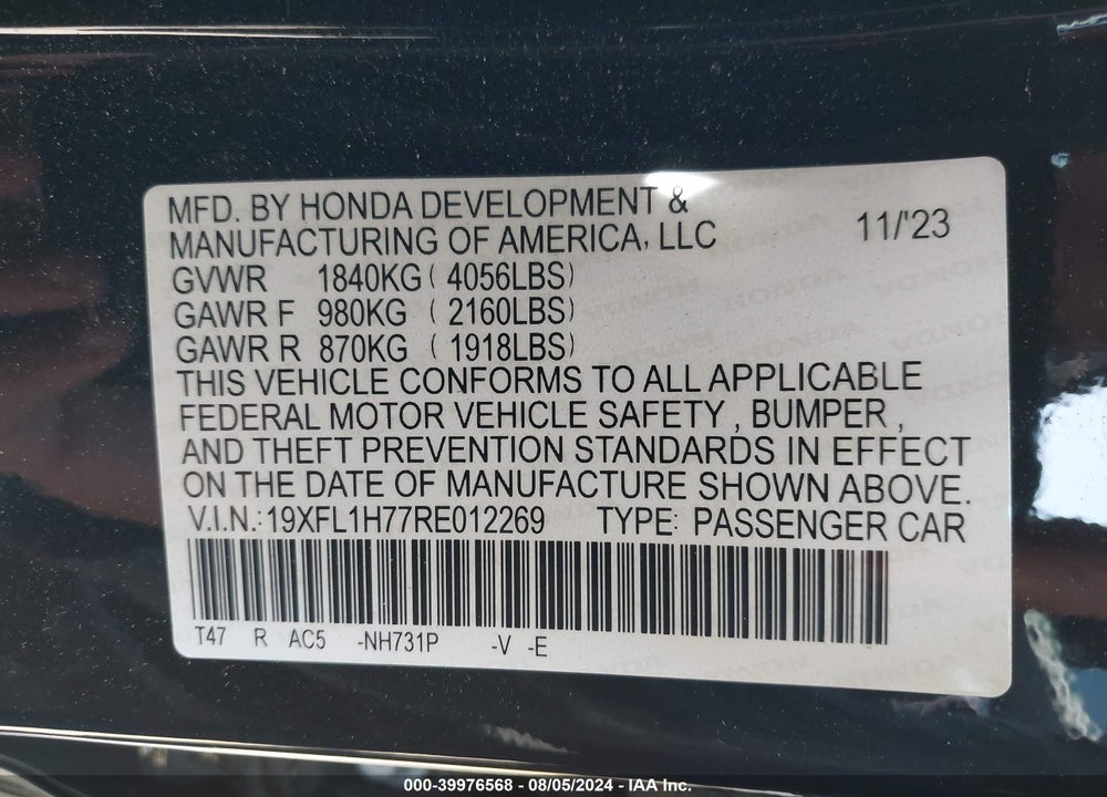 2024 HONDA CIVIC EX-L VIN: 19XFL1H77RE012269