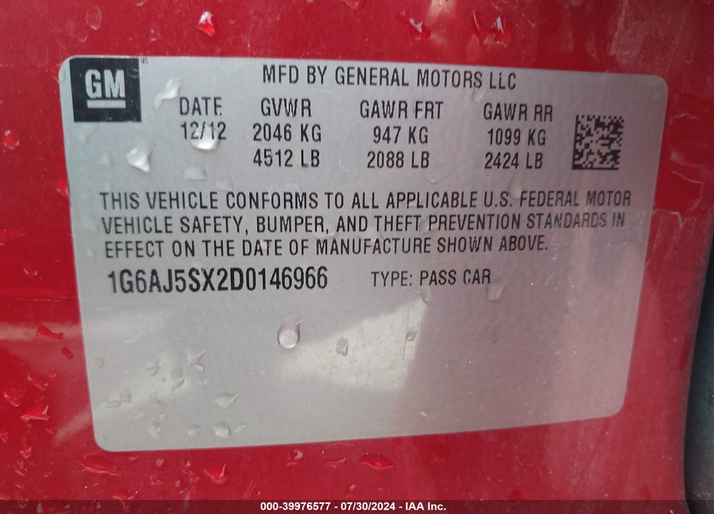 2013 CADILLAC ATS PERFORMANCE VIN: 1G6AJ5SX2D0146966