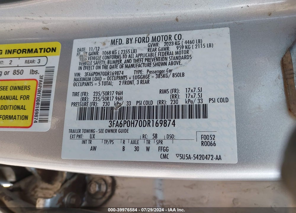 2013 FORD FUSION SE VIN: 3FA6P0H70DR169874