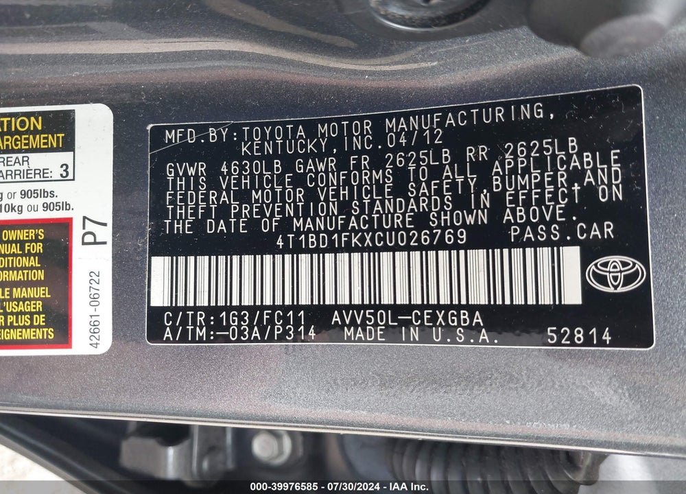 2012 TOYOTA CAMRY HYBRID XLE VIN: 4T1BD1FKXCU026769